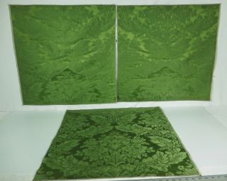3 Vintage Scalamandre Silk Damask Fabric Samples.  Foliage Green.  25 " X 25 " 1