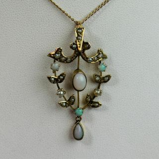 Edwardian Antique 9 Ct Gold Opal & Seed Pearl Pendant On A 9 Ct Chain 2.  8 G