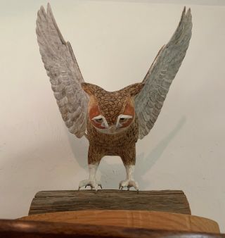Vintage Hand Carved Large Detailed Wood Owl Bird Statue Signed