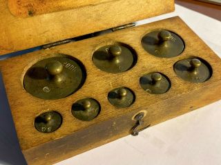 Antique Brass Apothecary Scale Weights In Wood Case 5g,  1dk,  2dk,  5dk,  10dk,  20dk