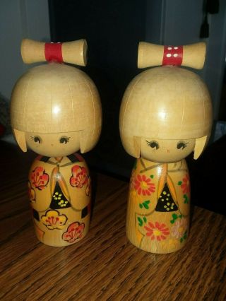 Kokeshi 2 Wooden Dolls.  Vintage.  Hand Painted.  5 Inches Tall