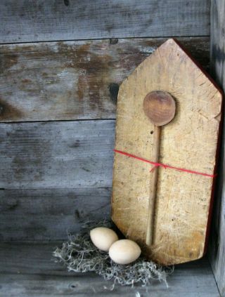 Early Antique Wood Bread Cutting Board Red Paint W Early Spoon