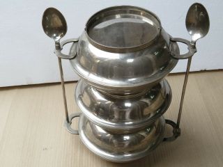 Vintage Brass Tiffin Food Carrier 3 Tier Compartment Spoon Holder 13 " Tall X 12 " W