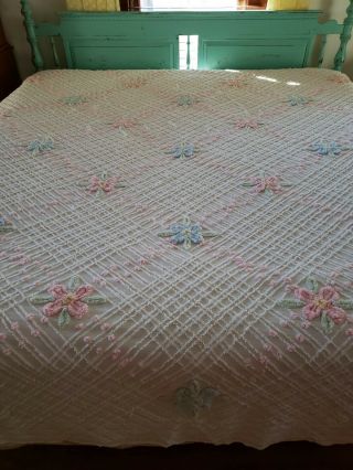 Vintage Pink Blue Chenille Bedspread Cutter Crafts Floral