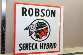 Rare Robson Seneca Hybrid Corn Indian 2sided Flange Porcelain Metal Sign Gas Oil