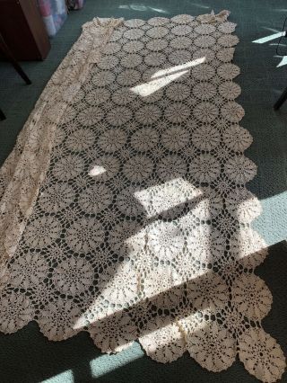 Vintage Ecru Cotton Hand Crocheted Lace Tablecloth 80 X 90 At Least 70 Years Old