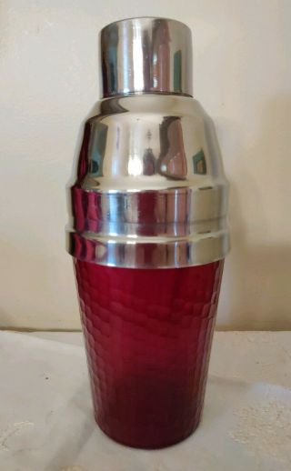 Ruby Red Cut Glass Cocktail Shaker Vintage Art Deco Martini Chrome Top Bar Ware 3