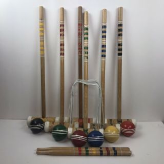 Vintage 6 Player Wooden Croquet Set Complete Striped Mallets Ribbed Balls