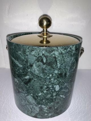 Vintage Elegance By Kraftware Art Deco Ice Bucket Green Marble Design Gold Brass