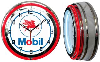 Mobil Gas And Oil 19 " Double Neon Clock Red Neon Chrome Finish