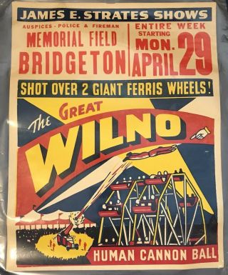 1946 James E.  Strates Shows The Great Wilno Human Cannonball Circus Poster