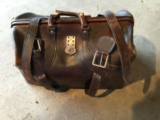 Antique Vintage Doctors Medical Bag Brown Leather Metal Frame
