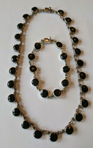 Vintage Taxco Mexico Sterling Onyx Inlay Necklace & Bracelet Set