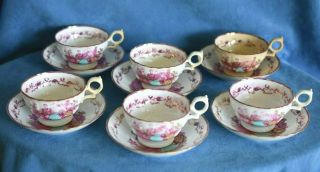 Rare Set Of 6 Antique Queen Victoria & Albert 1851 Pink Lustre Cups & Saucer Set
