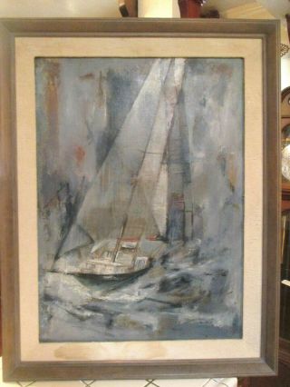 Vintage Mid Century Abstract Expressionist Sailboat Oil Painting Signed Reid