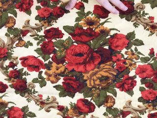 Vtg Tablecloth Cotton Floral Roses Handmade Tassels Taupe Red Orange 55 " X 60 "