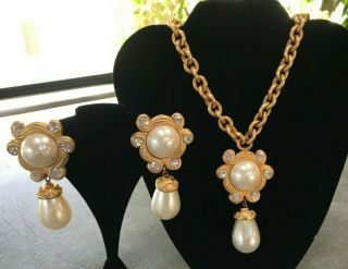 Vtg.  Signed Blanca Faux Pearl & Rhinestone Earrings & Gold Pendant Necklace