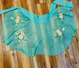 Vintage Semi Sheer Turquoise Blue Half Apron W/ Pink Embroidered Flowers Roses