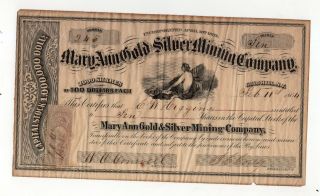 1864 Mary Ann Gold & Silver Mining Company Stock Certificate