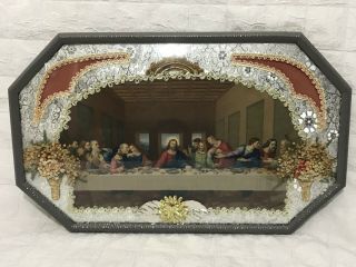 Vintage Convex Glass Last Supper Old Frame Picture Dried Flowers 3d Material