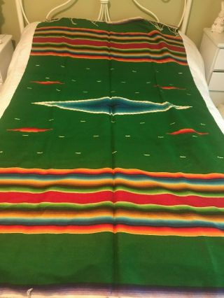 Vintage Mexican Serape Saltillo Blanket Green 78 X 44