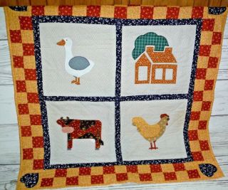 Vintage Handmade Hand Stitched Baby Infant Quilt Farm Cow Chicken Goose