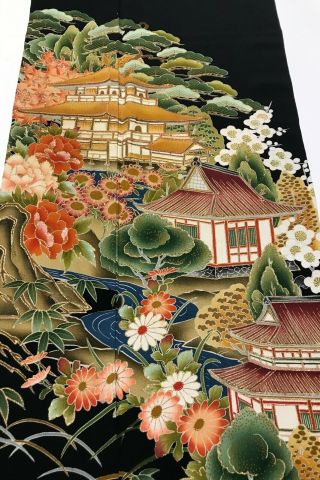 @@japanese Antique Kimono/ Tomesode Black Silk Fabric/ Temple,  Embroidery F70