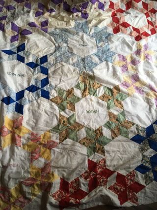 Vintage Quilt Top 67 " X 78 " Hand Stitched Stars - Mother And Daughters Names