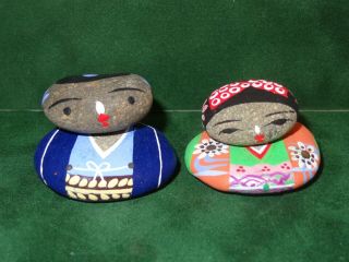 Japanese Vintage Folk Art Pair Stone Rock Kokeshi Doll Hand Painted Kimono W/box