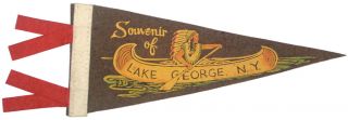Vtg Souvenir Pennant Lake George York Adirondak Mountains Indian Chief Canoe