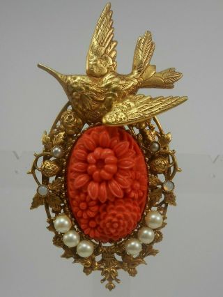 Askew London Hummingbird And Floral Coral Oval Brooch