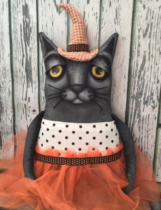Black Cat Halloween Primitive Folk Art Doll Ooak