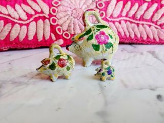 Tiny Vintage 1950s Tonala Mexico Clay 3 Pigs Figurines Ceramic Pottery Painted