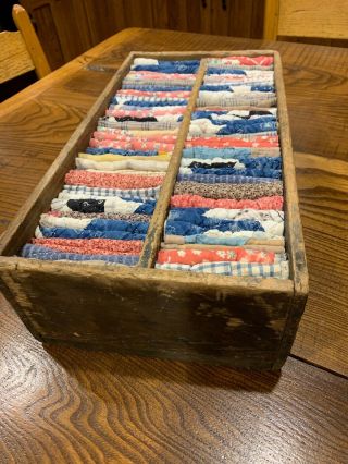Early Divided Wooden Box Old Nails W/ Multi Color Quilt Scrapes Calico Homespun 3