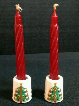 Vintage German Ceramic Christmas Tree Mini Candle Holder Cups Set Of 2 W/candles