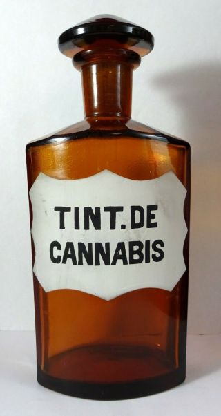 Old Tint De Cannabis " Marijuana " Amber Pharmacy Bottle - 8 1/4  - Antique Jar