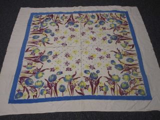 Vintage White Cotton Tablecloth With Blue & Purple Tulips Flowers 48 " X 54 "
