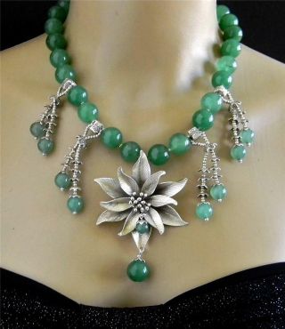 Dramatic Big Sterling Flower Green Aventurine Necklace & Earrings Set