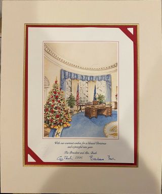 President George H W Bush & Barbra Bush Signed Christmas Print 1990 Psa Dna