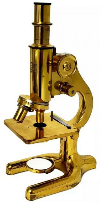 Antique C.  1929 Polished Brass Microscope By Charles Perry,  London