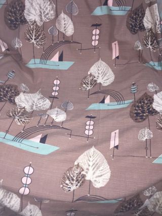 Vintage Mocha Brown,  Pink And Aqua Barkcloth Leaves And Atomic Pattern
