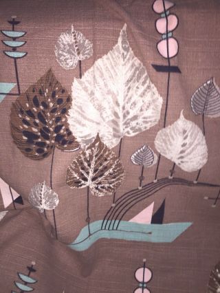 Vintage Mocha Brown,  Pink And Aqua Barkcloth Leaves And Atomic Pattern 2