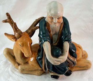 Oriental Ceramic Figurine Happy Man Sitting On Deer H.  F.  P.  Macau / Kinder - Harris
