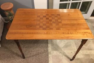 Antique Fold Up Wooden Sewing Table With Folk Art Handmade Checkerboard Top