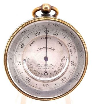 Gilt Brass English Compensated Pocket Aneroid Barometer,  Altimeter & Thermometer