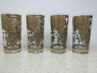 Cora Cera Old World Nautical Map Gold Hi Ball Bar Glasses Vintage Set Of 4