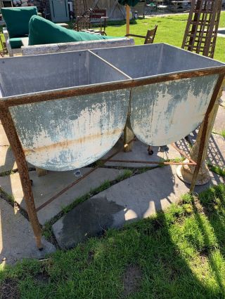 Vintage Galvanized Metal Double Basin Wash Tub Stand On Long Island
