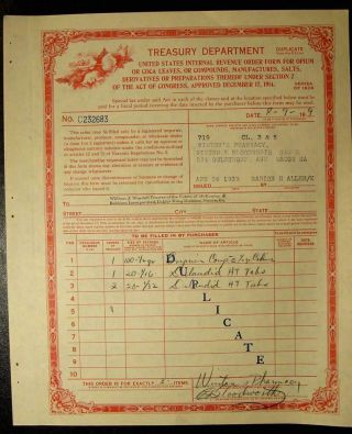 1939 Irs Order Form For Opium And Coca Leaves - Winton 