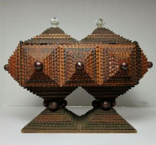 Antique Tramp Art Double Pedestal Wood Box Folk Art American 19th Century
