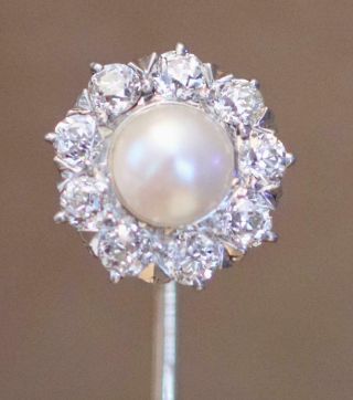 14k White Gold Antique Stick Pin With 9 Full Cut Diamonds With Mobe Pearl Center
